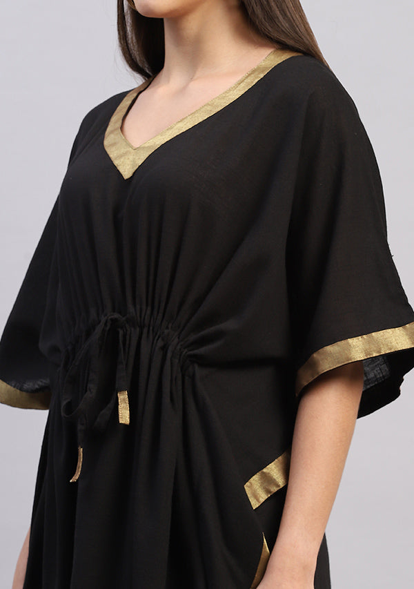Black Cotton Kaftan with Gold Tissue Timmings