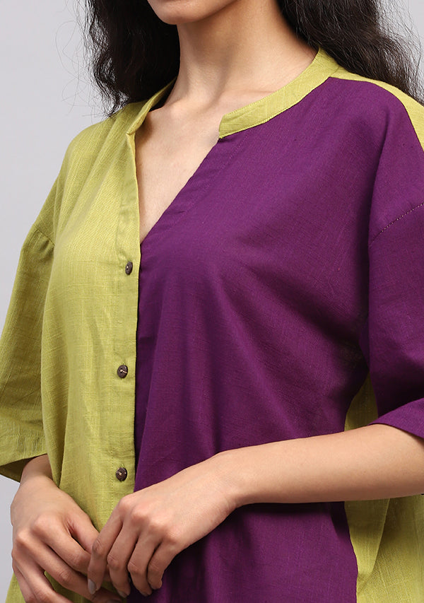 Olive Green Mauve Front Open Cotton Co-ord Set  with Pants