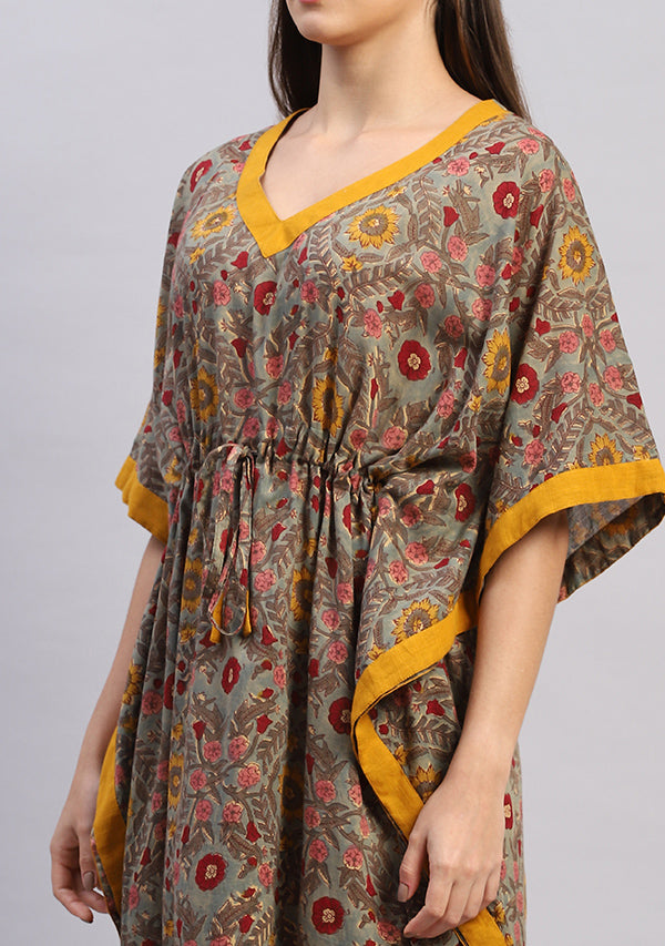 Teal Multicolor Floral Hand Block Printed Tie-Up Waist Mulmul Kaftan