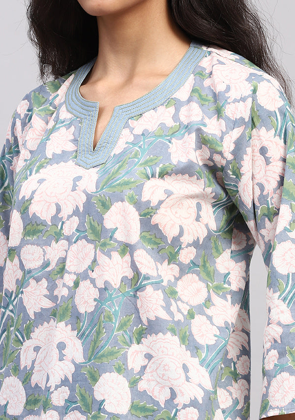 Smoke Blue Pink Hand Block Printed Floral Cotton Night Suit