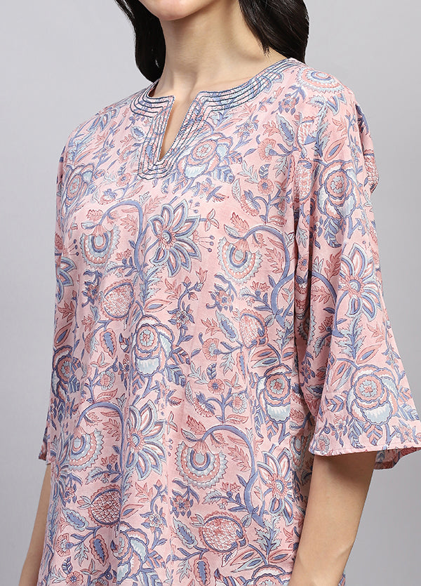 Pink Smoke Blue Floral Hand Block Printed Cotton Night Suit