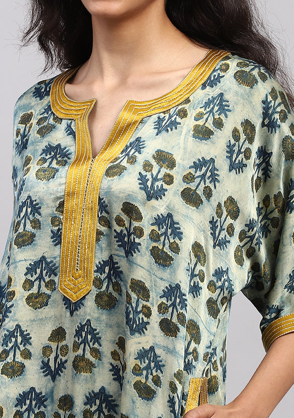 Yellow Blue  Floral Modal Luxury Nighty Kaftan with Stitch Lines