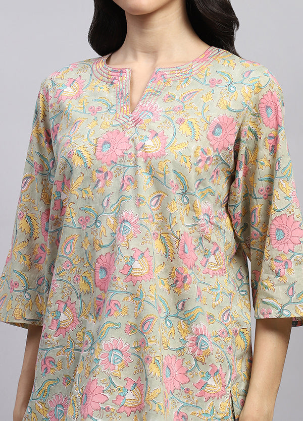 Soft Green Pink Floral Hand Block Printed Cotton Night Suit