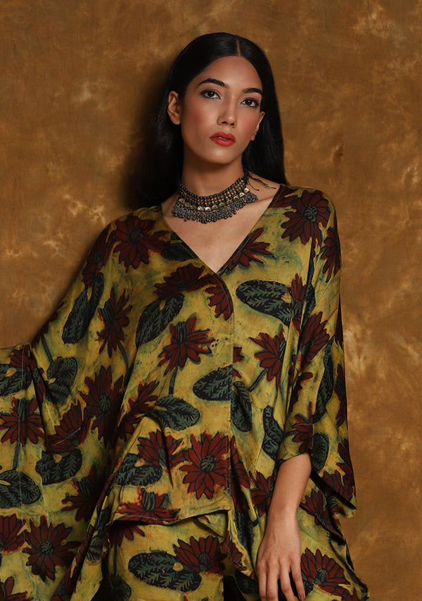 Mustard Green Hand Block Printed Asymmetric Modal Co-ord Set