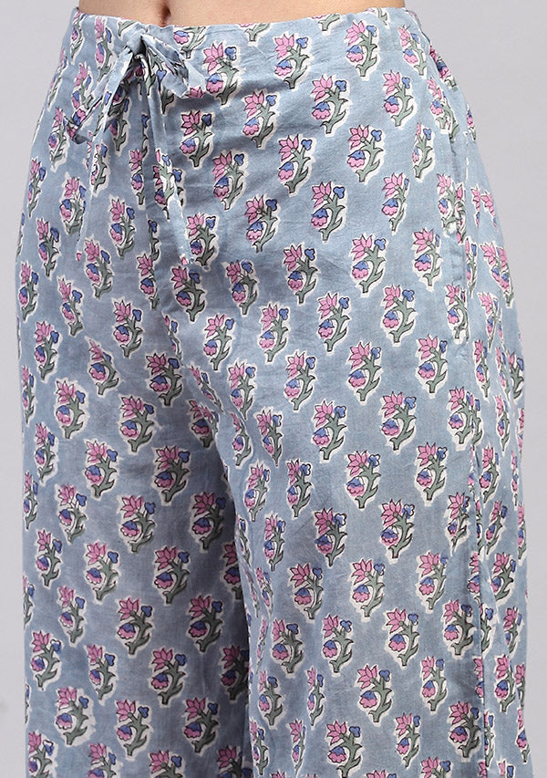 Smoke Blue Collared Co-ord Set with Printed Pants