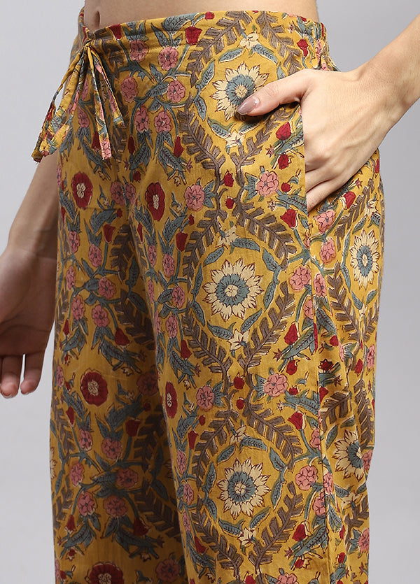 Mustard Multicolour Floral Hand Block Printed Cotton Night Suit
