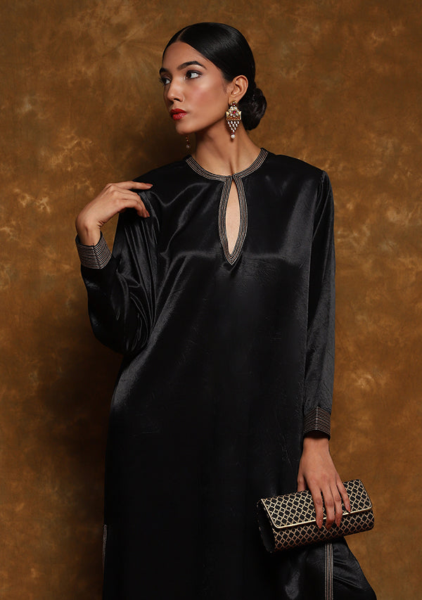Black Long Mushru Kurta with Gold Trimmings (TOP ONLY)