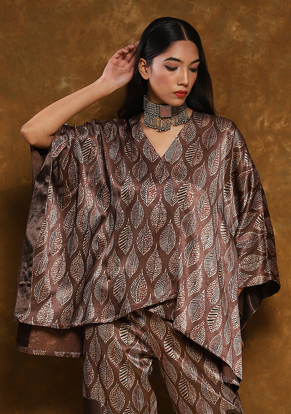 Brown Red Hand Block Printed Asymmetric Mushru Co-ord Set