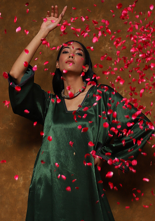 Green Mushru Kurta with Gold Trimmings (Top Only)