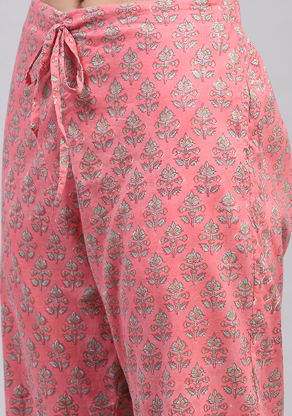 Pink Green Floral Hand Block Printed Cotton Night Suit with Trimmings