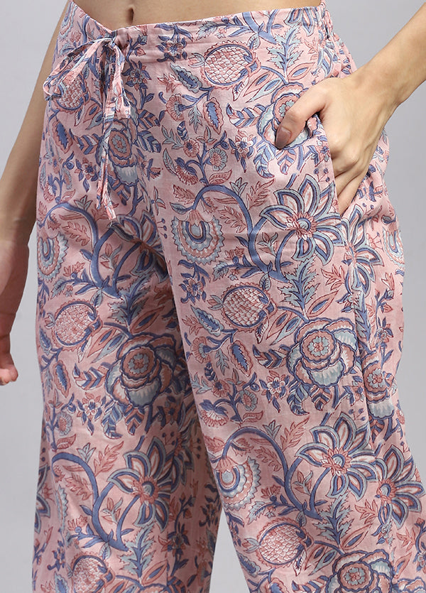 Pink Smoke Blue Floral Hand Block Printed Cotton Night Suit
