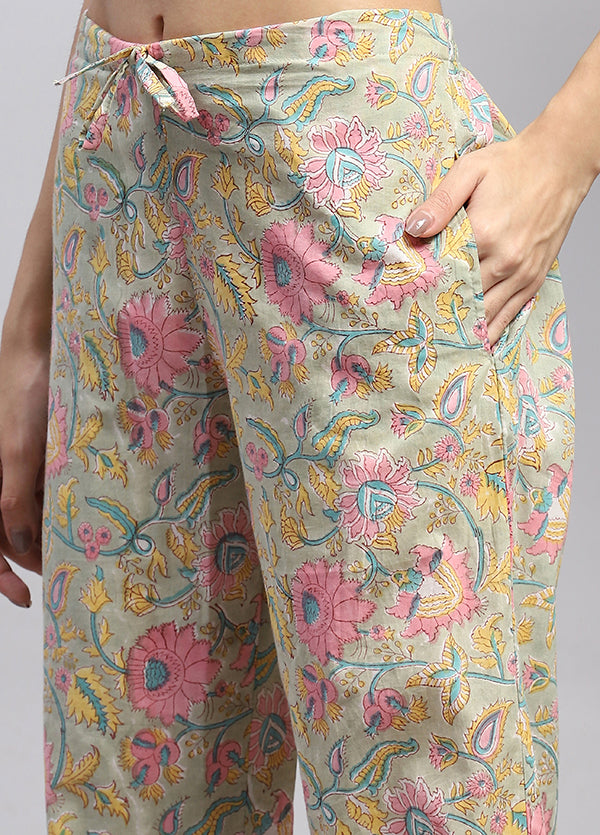 Soft Green Pink Floral Hand Block Printed Cotton Night Suit