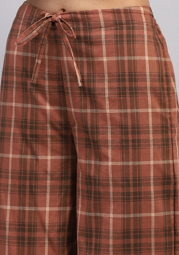 Chocolate Brown Collared Co-ord Set Paired With Check Pants