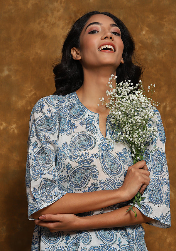White Blue Paisley Motif Hand Block Printed Cotton Night Suit with Silver Trimmings