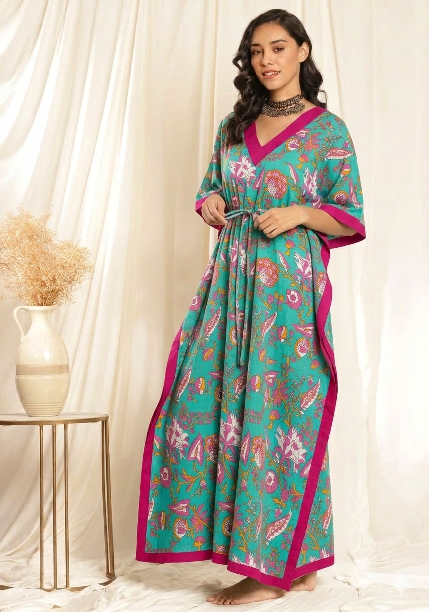 Blue Pink Floral Printed Tie-Up Waist Cotton Kaftan