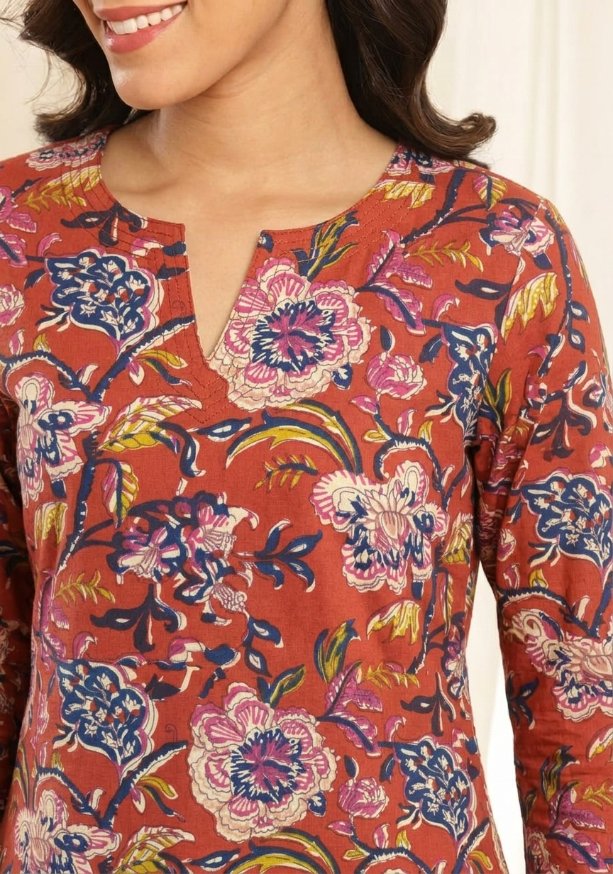 Maroon Floral Printed Cotton Night Suit