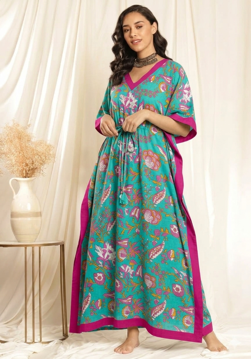 Blue Pink Floral Printed Tie-Up Waist Cotton Kaftan