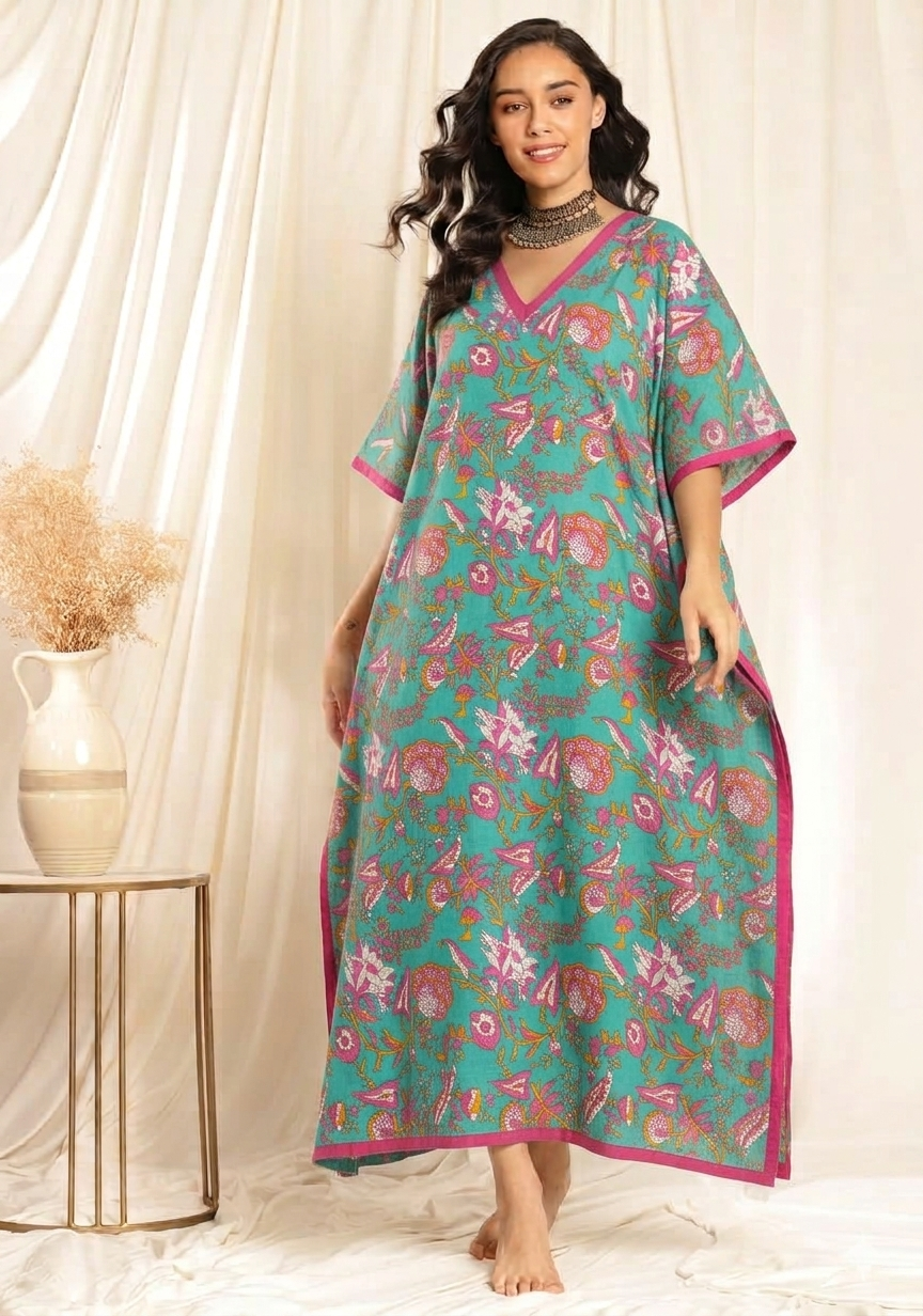 Blue Pink Floral Printed Tie-Up Waist Cotton Kaftan