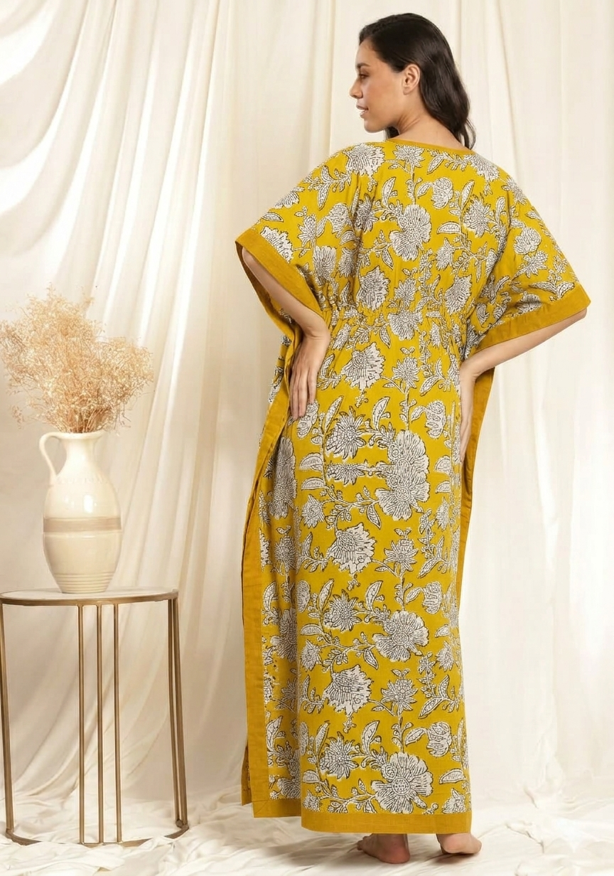 Yellow Beige Floral Printed Tie-Up Waist Cotton Kaftan