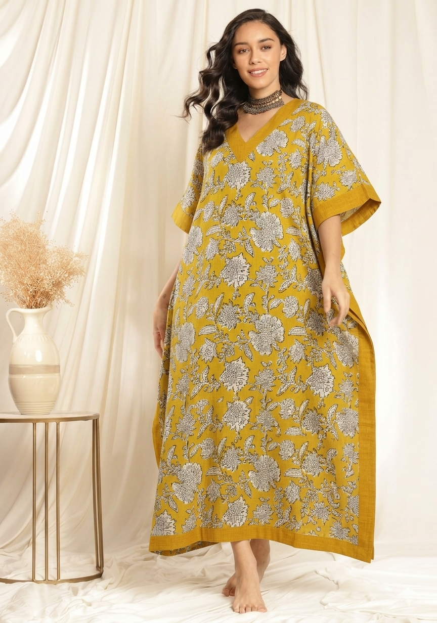 Yellow Beige Floral Printed Tie-Up Waist Cotton Kaftan