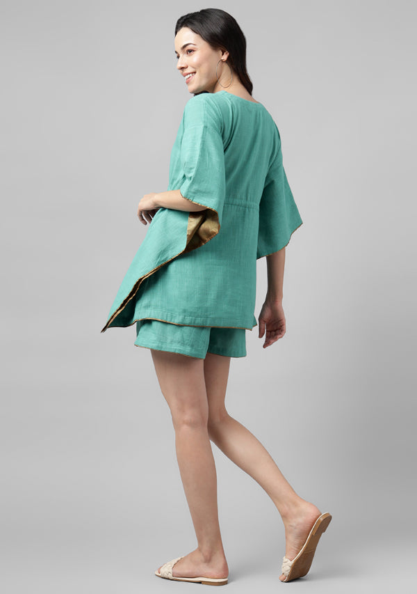 Aqua Short Kaftan with Bronze Trimmings and Elasticated Shorts