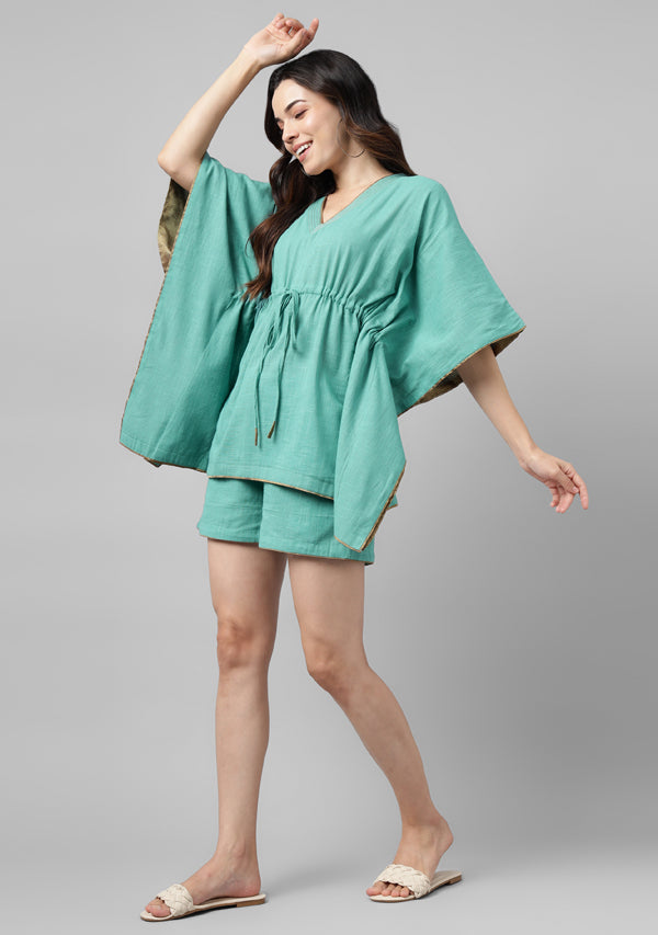 Aqua Short Kaftan with Bronze Trimmings and Elasticated Shorts