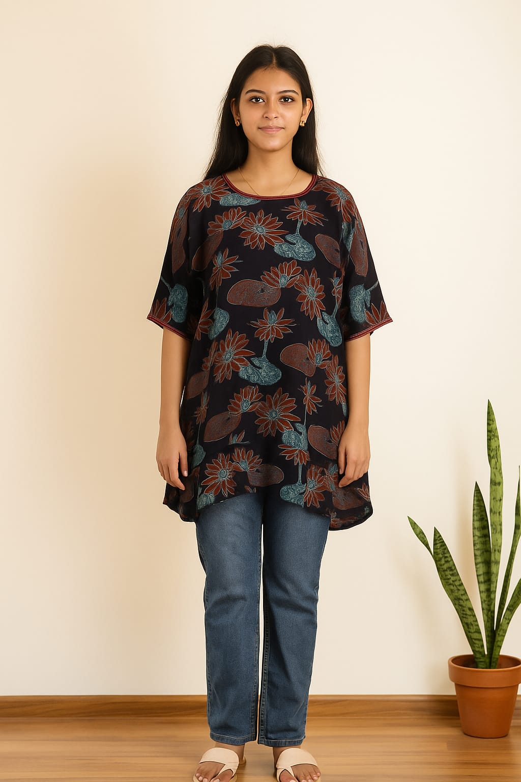 Black Blue Lotus Printed Asymmetric Mushru Tunic with Trimmings (Only Top)