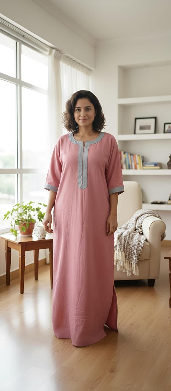 Flannel Pink Blu Nighty Kaftan with Stitch Lines