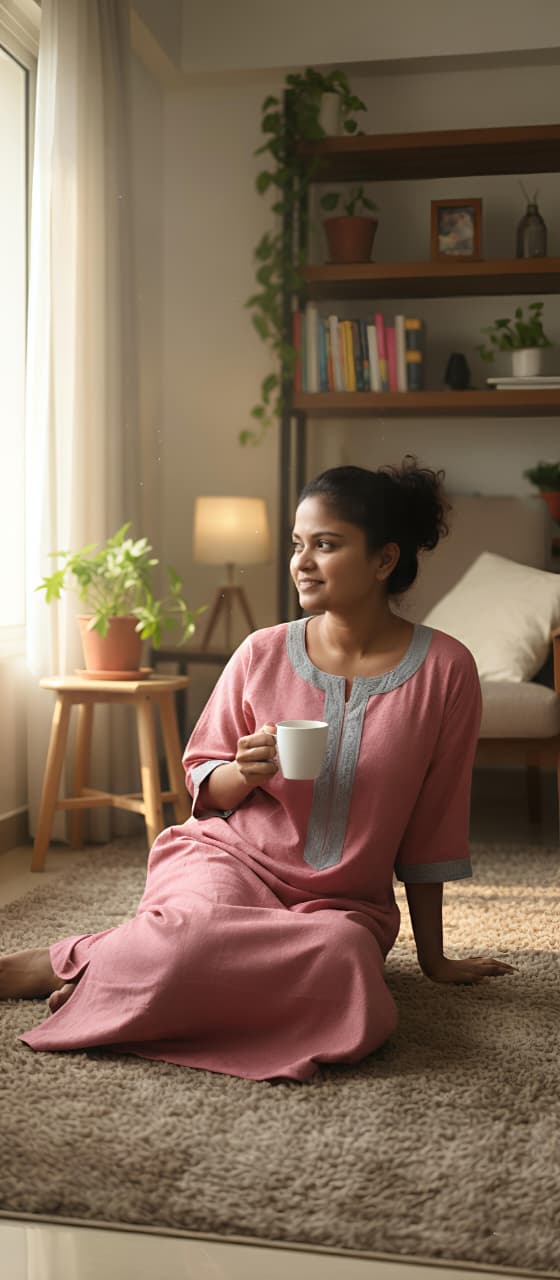 Flannel Pink Blu Nighty Kaftan with Stitch Lines