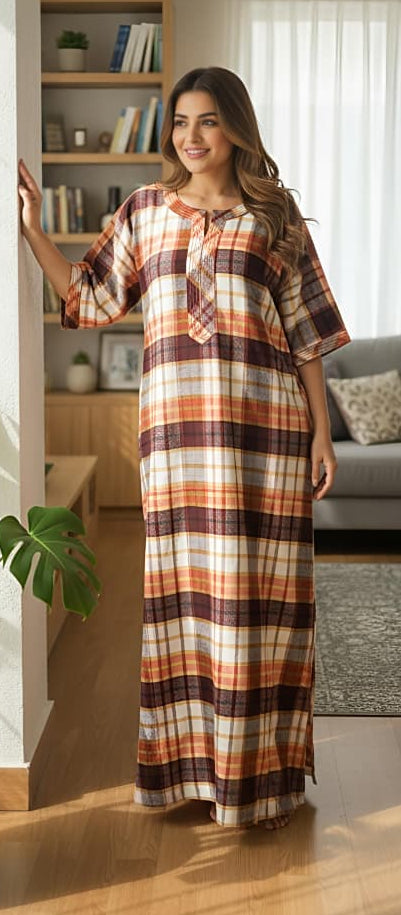 Flannel Rust Orange Checked Nighty Kaftan with Stitch Lines