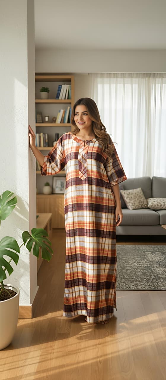 Flannel Rust Orange Checked Nighty Kaftan with Stitch Lines