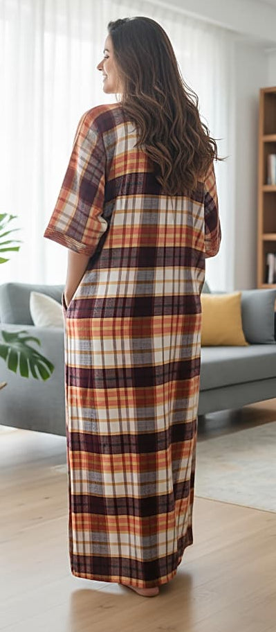 Flannel Rust Orange Checked Nighty Kaftan with Stitch Lines