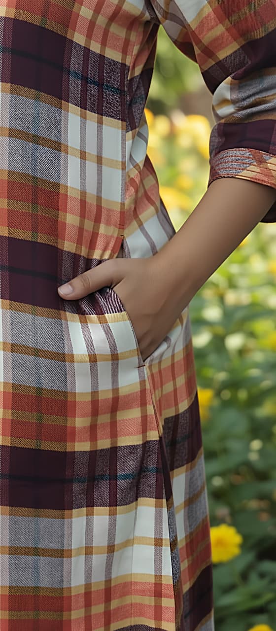 Flannel Rust Orange Checked Nighty Kaftan with Stitch Lines