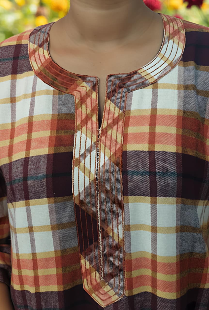 Flannel Rust Orange Checked Nighty Kaftan with Stitch Lines