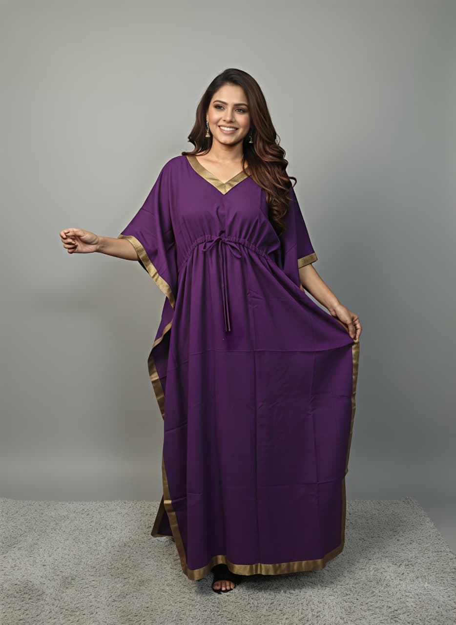 Purple Cotton Kaftan with Gold Tissue Trimmings