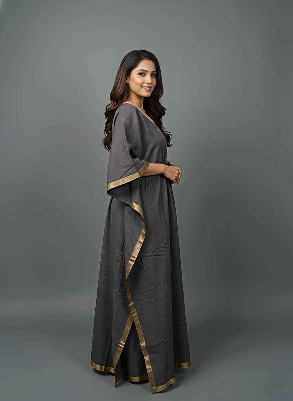 Dark Grey Cotton Kaftan with Gold Tissue Trimmings