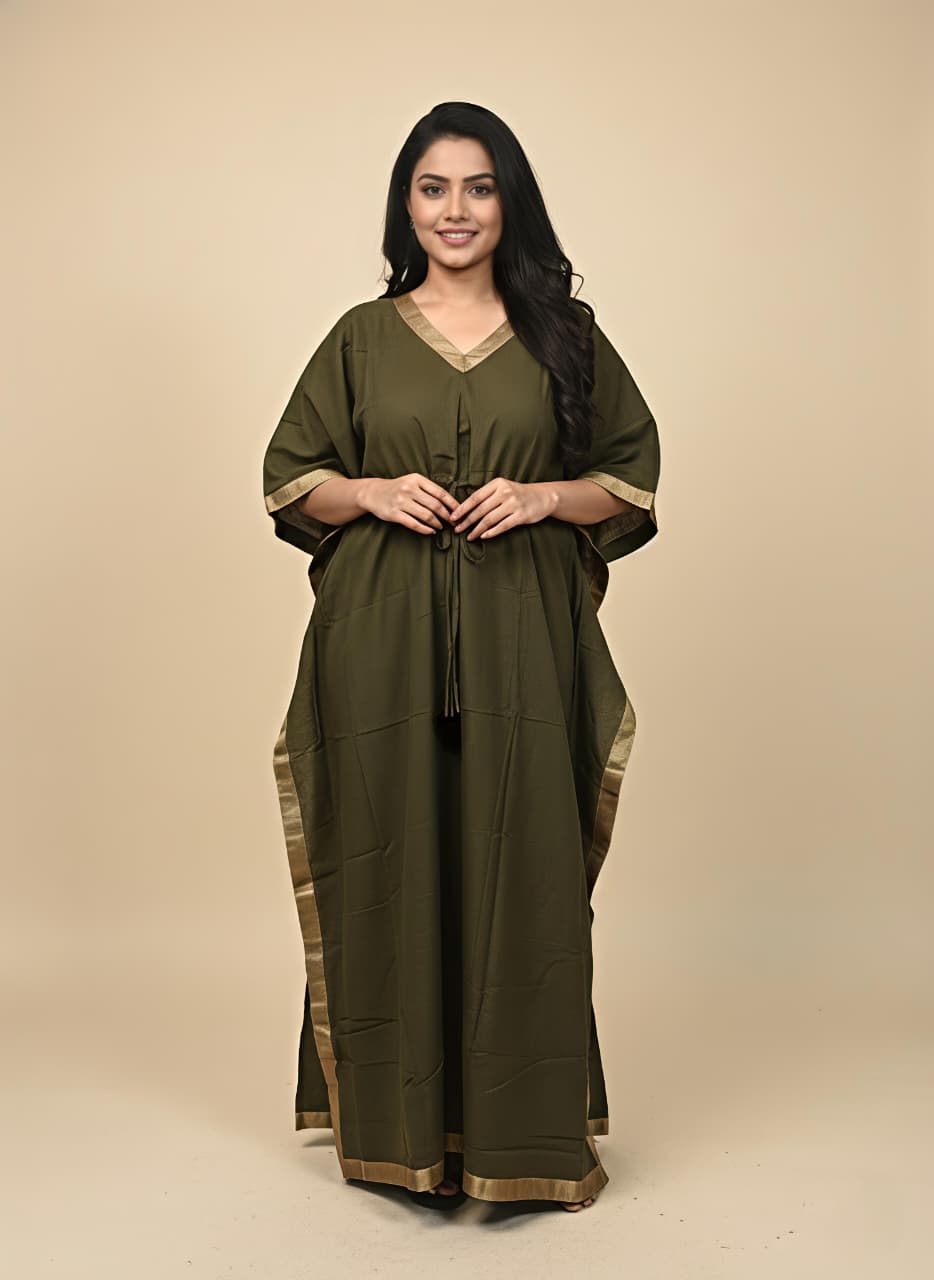 Military Green Cotton Kaftan with Gold Tissue Trimmings