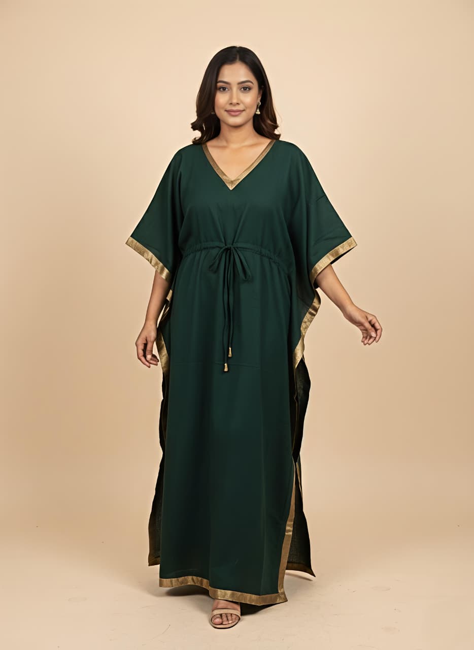 Emerald Green Cotton Kaftan with Gold Tissue Trimmings