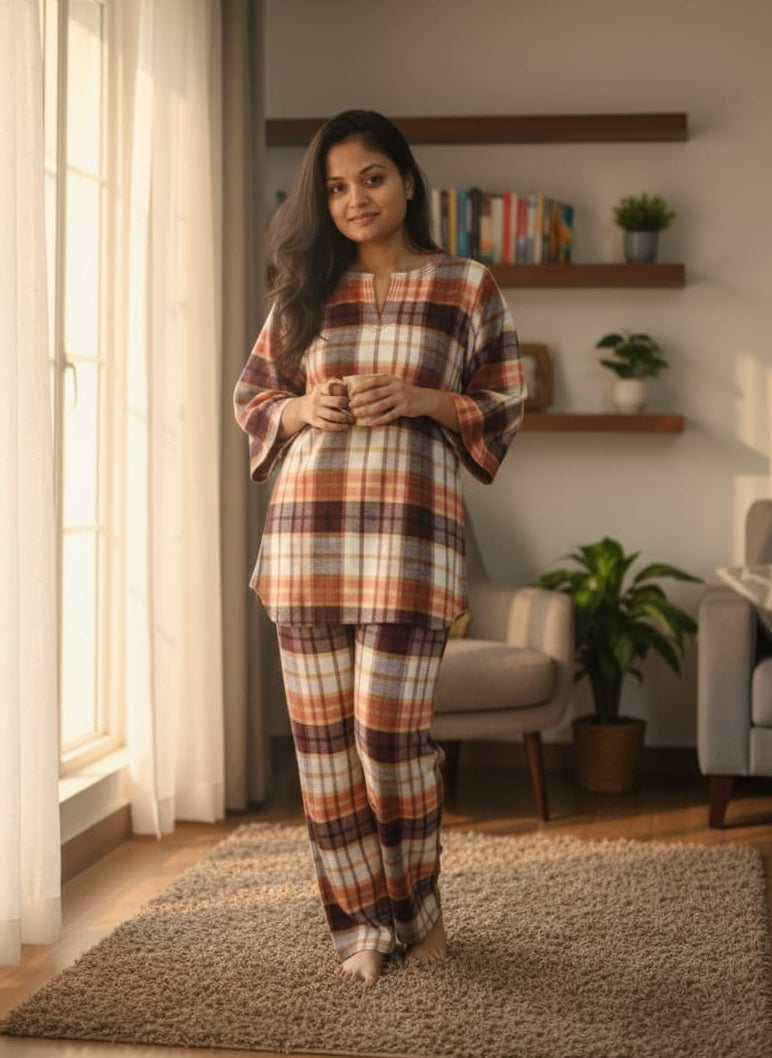 Flannel Rust Orange Checked Night Suit With Trimmings