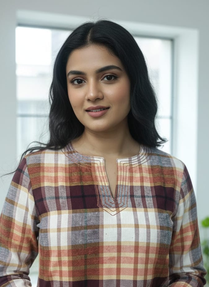 Flannel Rust Orange Checked Night Suit With Trimmings