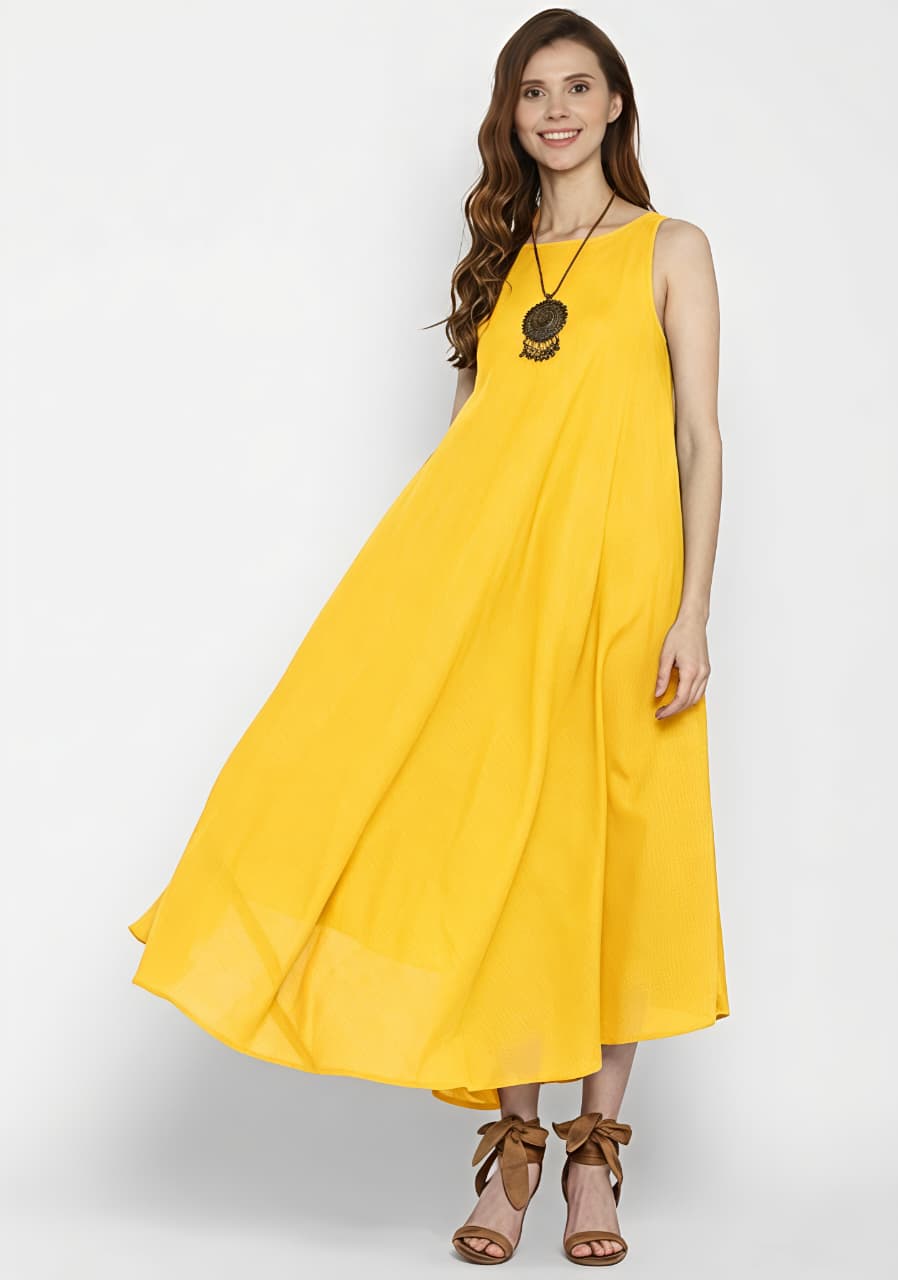 Yellow Sleeveless A-Line Long Cotton Dress