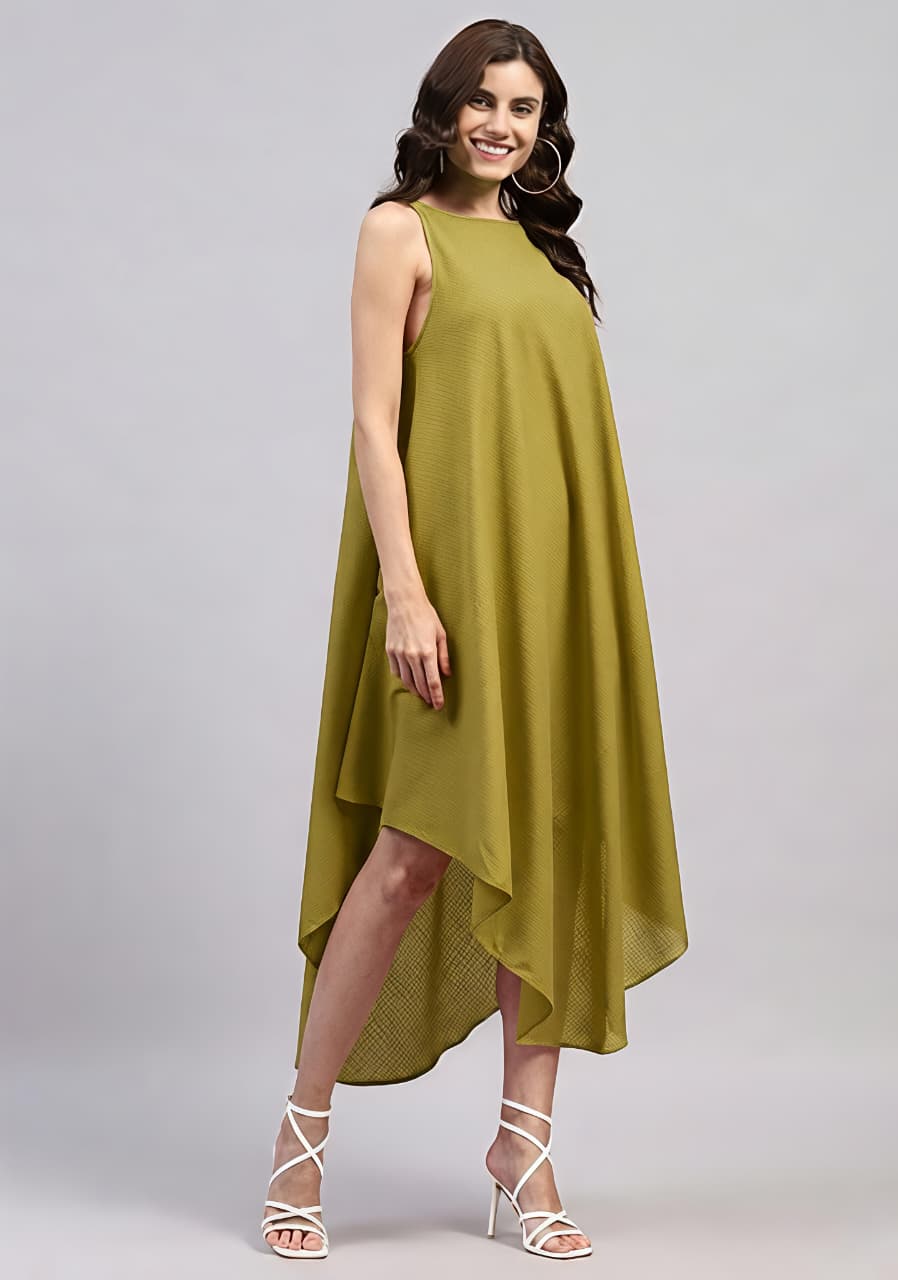 Olive Green Sleeveless Asymmetric Cotton Dress
