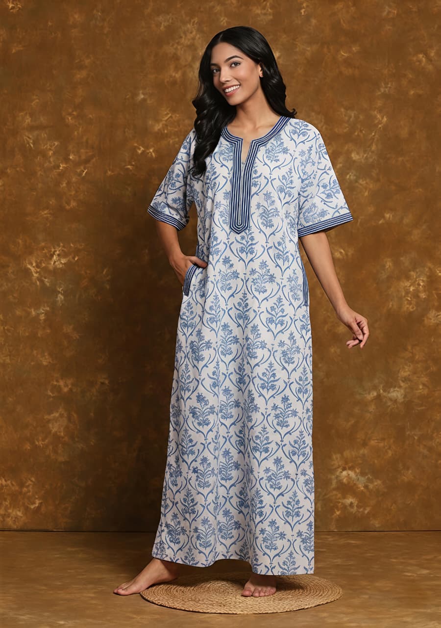 White Smoke Blue Mughal Hand Block Printed Nighty Kaftan with Stitch Lines