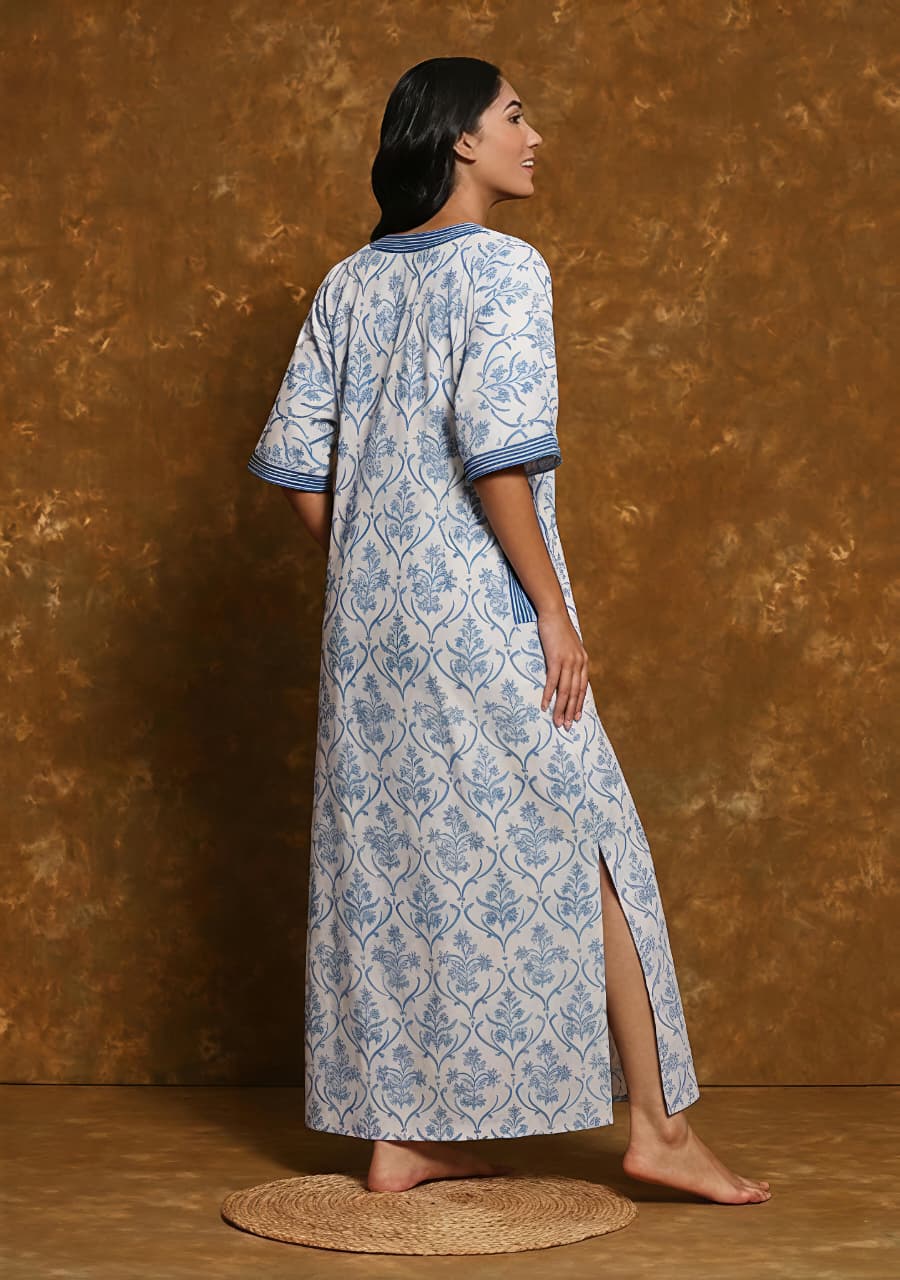 White Smoke Blue Mughal Hand Block Printed Nighty Kaftan with Stitch Lines