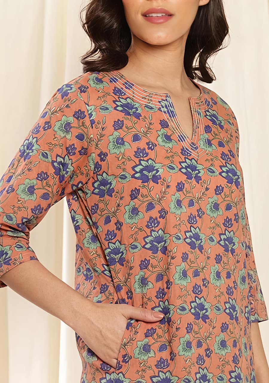 Peach Blue Floral Printed Cotton Night Suit