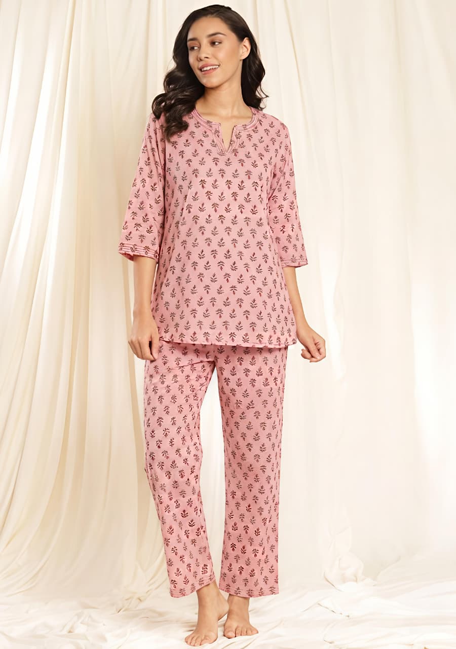 Peach Green Flower Motif Printed Cotton Night Suit