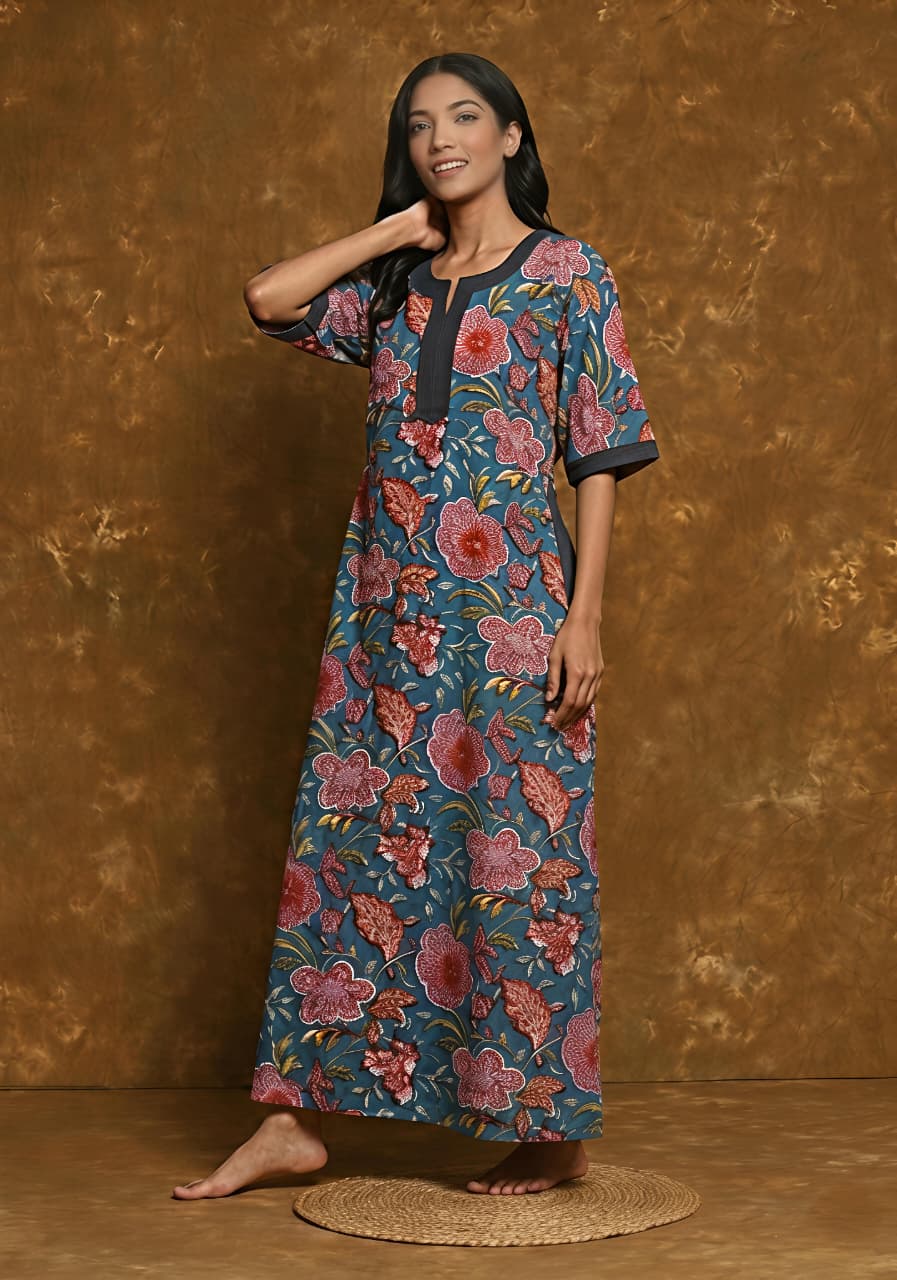 Teal Red Hand Block Printed Nighty Kaftan with Stitch Lines