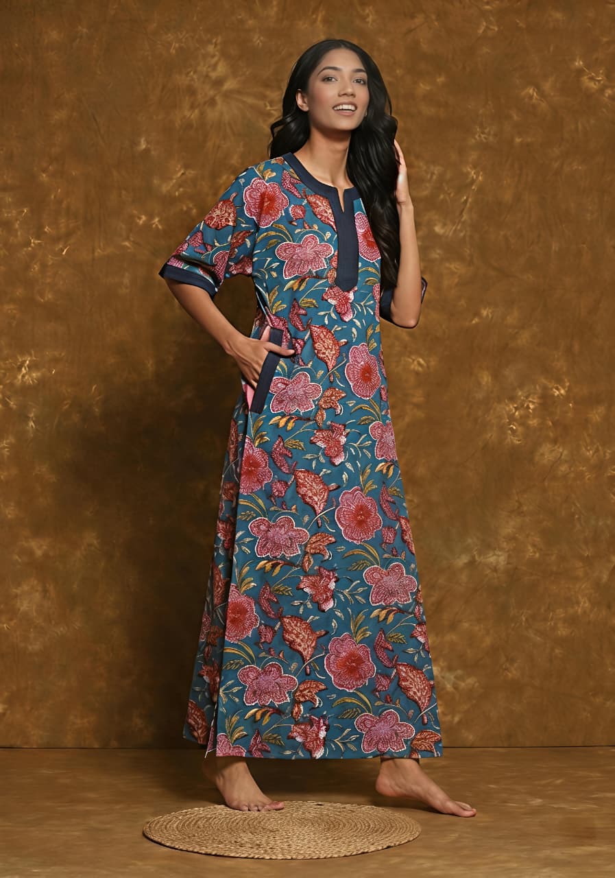 Teal Red Hand Block Printed Nighty Kaftan with Stitch Lines