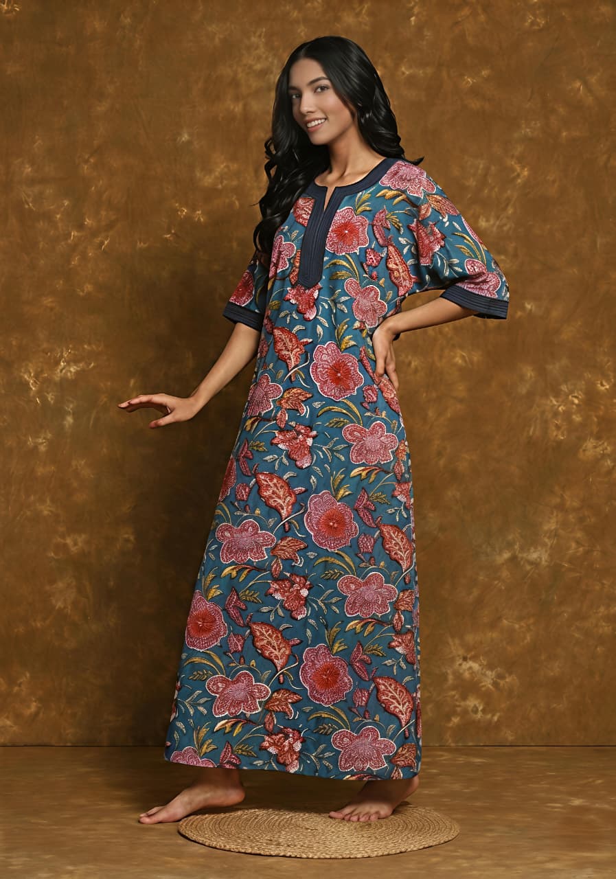 Teal Red Hand Block Printed Nighty Kaftan with Stitch Lines