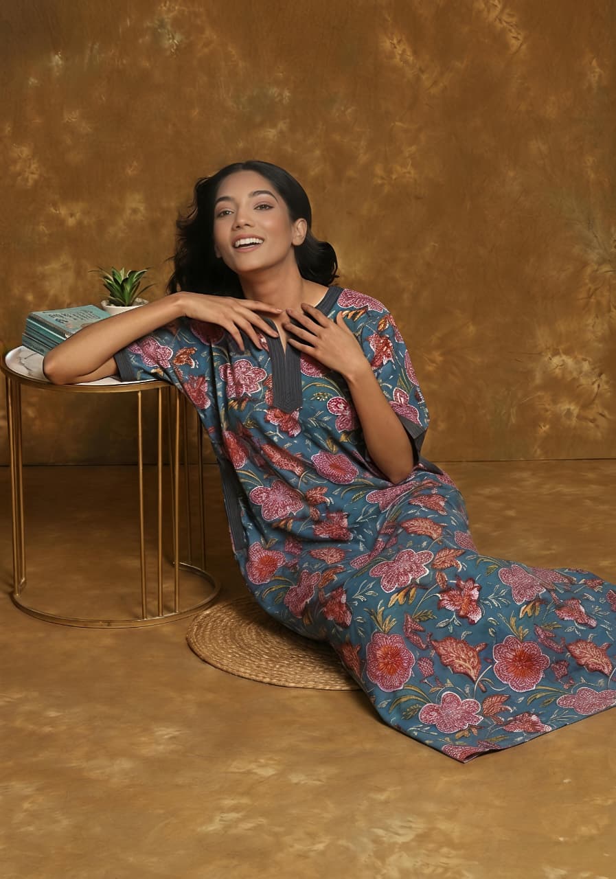 Teal Red Hand Block Printed Nighty Kaftan with Stitch Lines